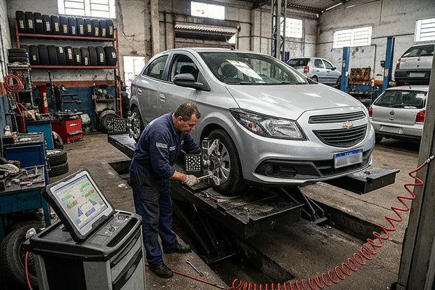 Carro sendo alinhado em uma borracharia em Itapevi.