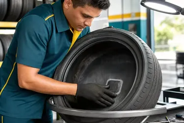 Mecânico consertando pneus com ferramentas em uma borracharia em Itapevi.