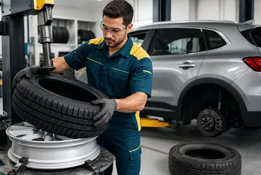 Mecânico trocando pneus de um carro com ferramentas em uma borracharia em Itapevi.